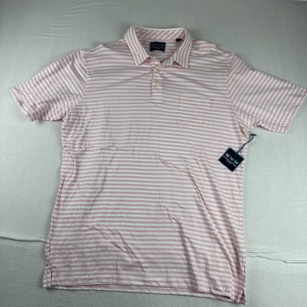 New! Charleston Threads Mens Pink White Stripe Polo Shirt 2XL Cotton Preppy